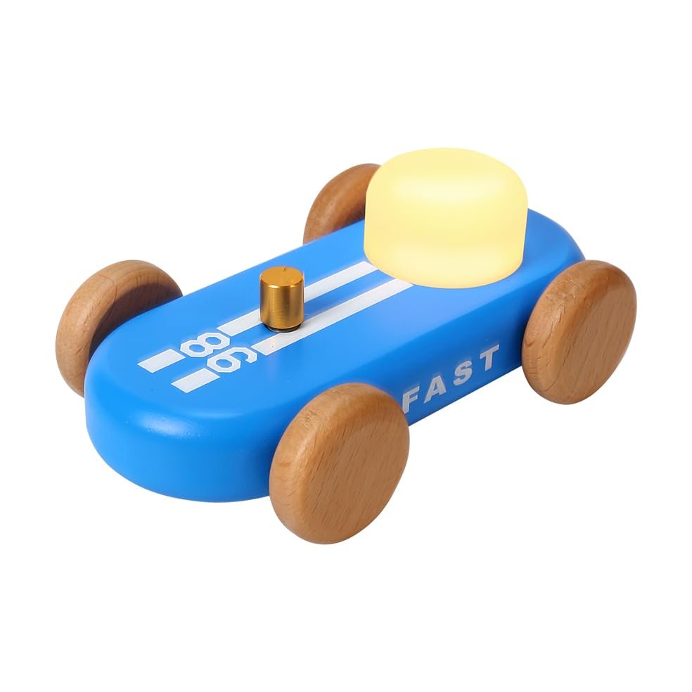 HBCIDC Wooden Go-Kart Night Light 7 Color Adjustable, USB Rechargeable (Blue)