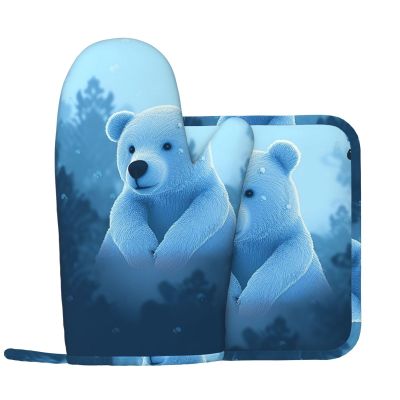 Blue Bear Oven Mitts and Pot Holders Set, 500F High Heat Resistant Silicone Kitchen Oven Glove and Potholder Non-Slip Cooking Gloves with Pan Racks for Baking Grilling