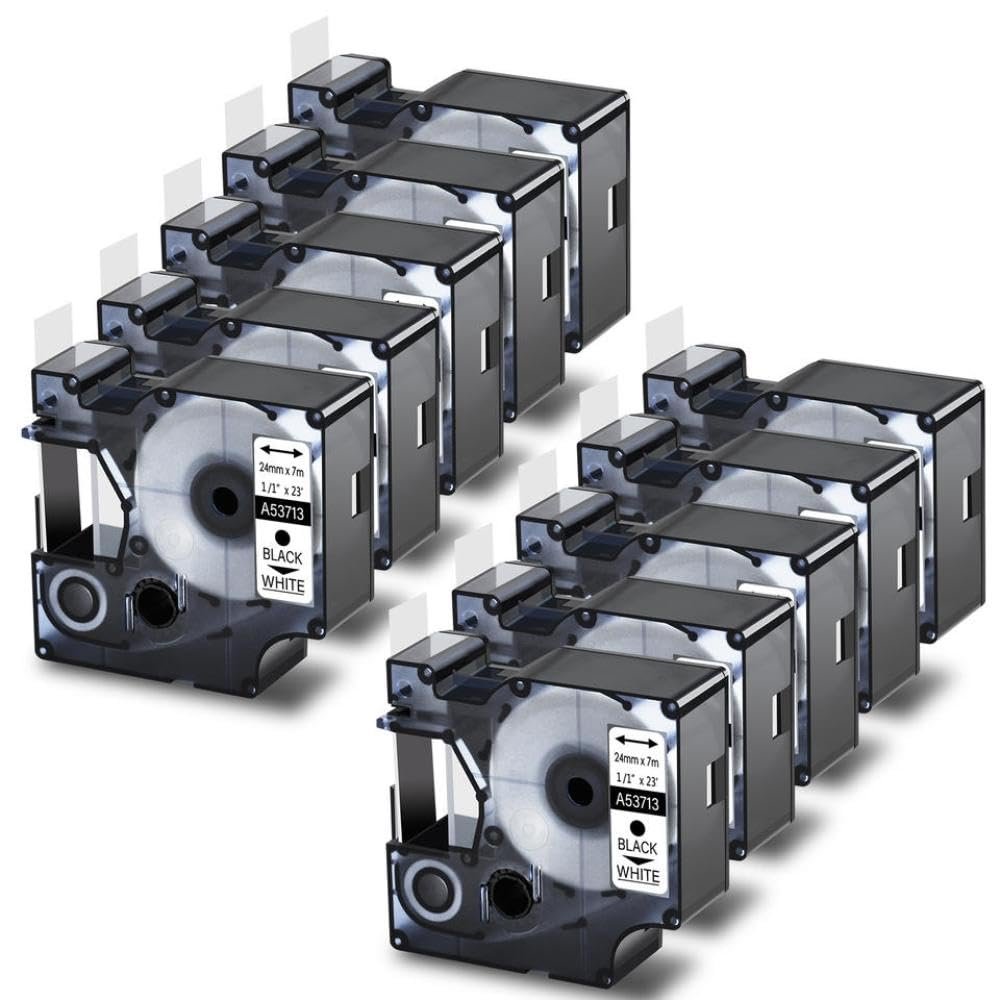 24mm D1 Standard Tape Labels 10PK Black On White Laminated Compatible with 53713 and 450 Duo Printers