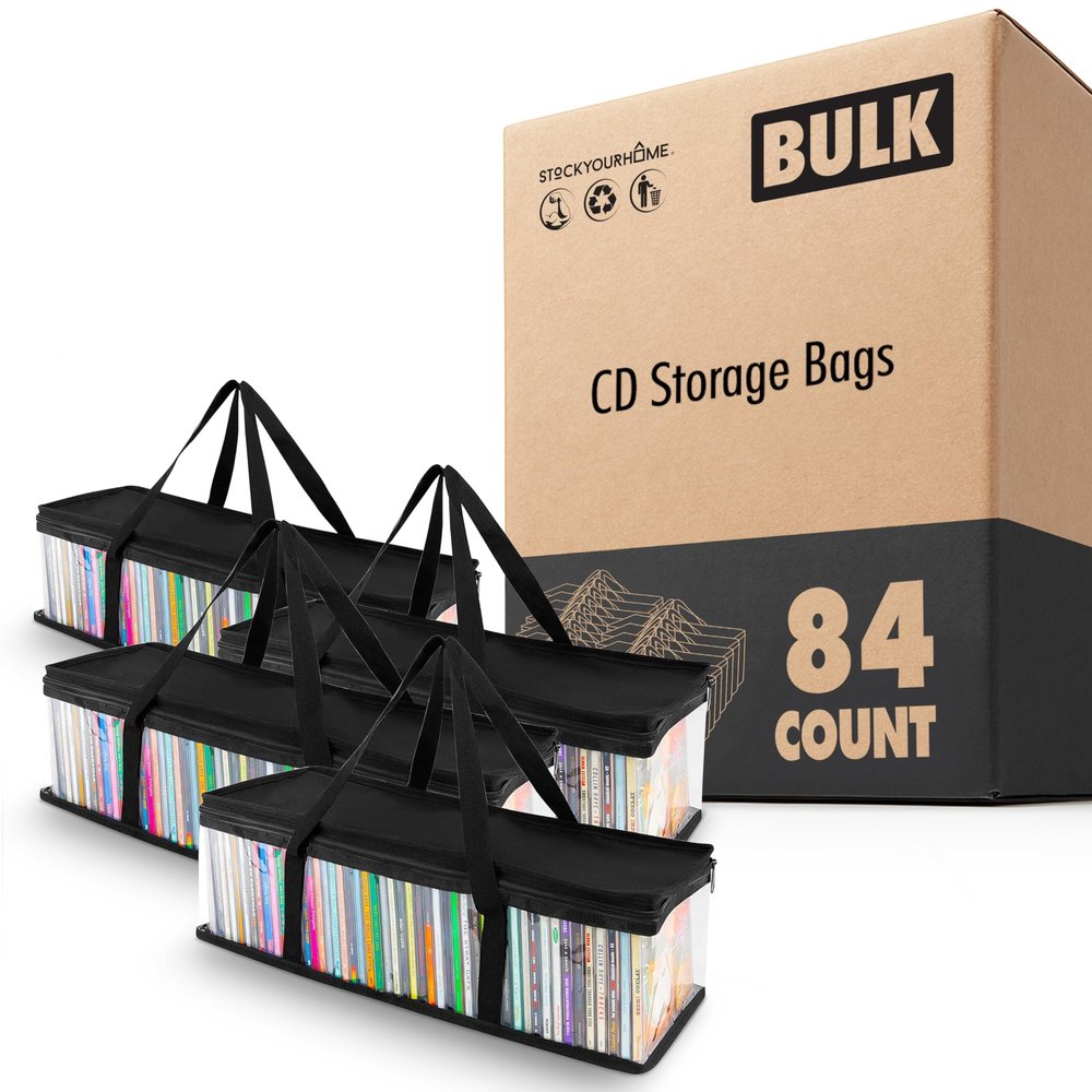Stock Your Home CD Storage Bags (84 Pack), Clear PVC Media Cases with Handles, Water Resistant Carrying Bags for CDs, Albums, Video Games and Books