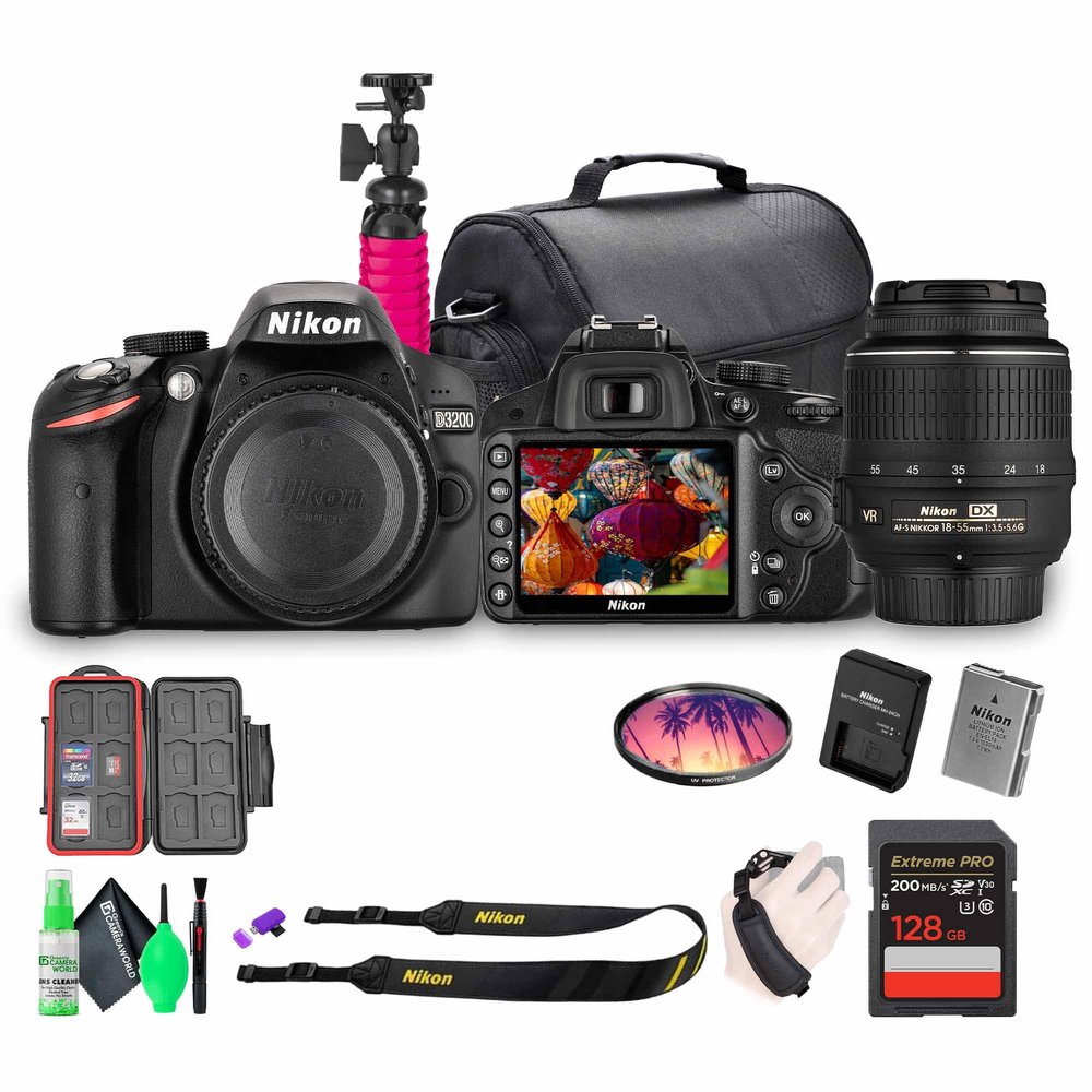 Nikon D3200 24.2MP DSLR Camera Kit with 18-55mm VR Zoom Lens Full HD 1080p Video Capture, Fast 11-Point Autofocus System + 128GB Memory Card + Protective Memory Card Case + Camera Bag + More