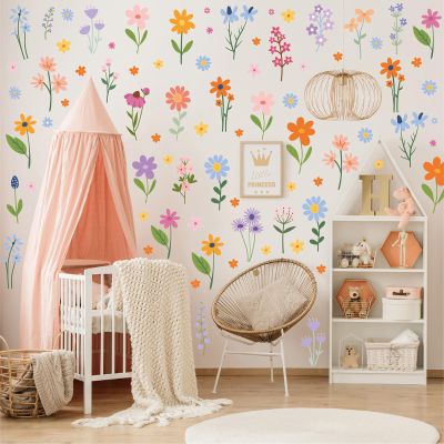 102 Pcs Spring Flower Wall Decals - 8 Sheets Peel and Stick Wildflower Stickers for Girls Bedroom, Nursery, Living Room, Removable Floral Wall Art
