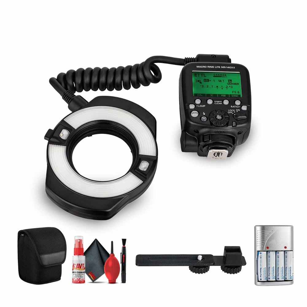 Canon MR-14EX II Macro Ring Lite Flash TTL Autoflash, Dual Flash Tubes, LED Modeling Light, Wireless Flash Control + Flash Bracket + 4X AA with Charger + Cleaning Kit