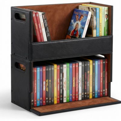 CroBlissful 2 Set Leather Dvd Storage Box Stackability Dvd Storage Shelf Holder Racks Cassette Tape Display Stand with Carrying Handles for Movie Cases Organizer Can Store up to 52 Boxes