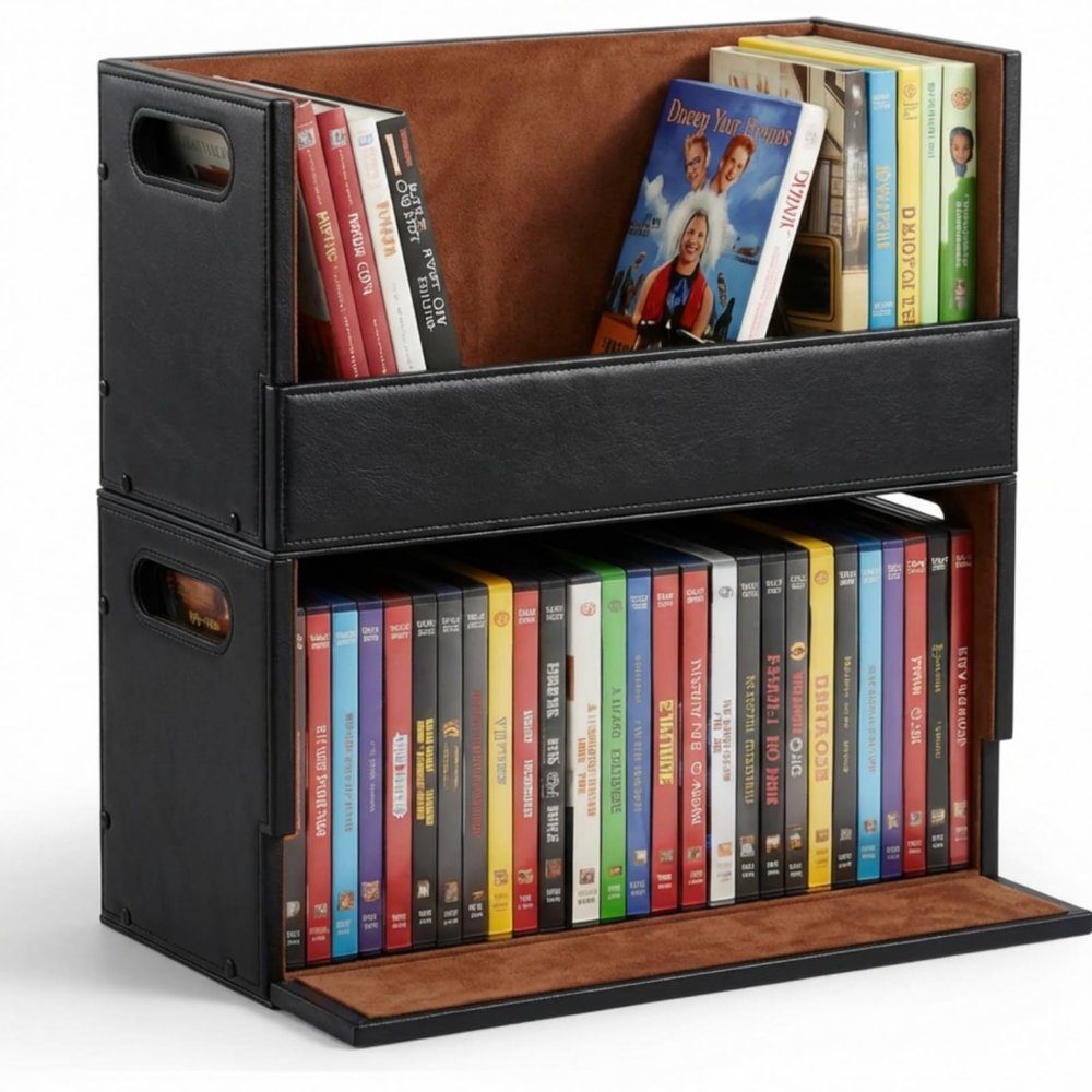 CroBlissful 2 Set Leather Dvd Storage Box Stackability Dvd Storage Shelf Holder Racks Cassette Tape Display Stand with Carrying Handles for Movie Cases Organizer Can Store up to 52 Boxes