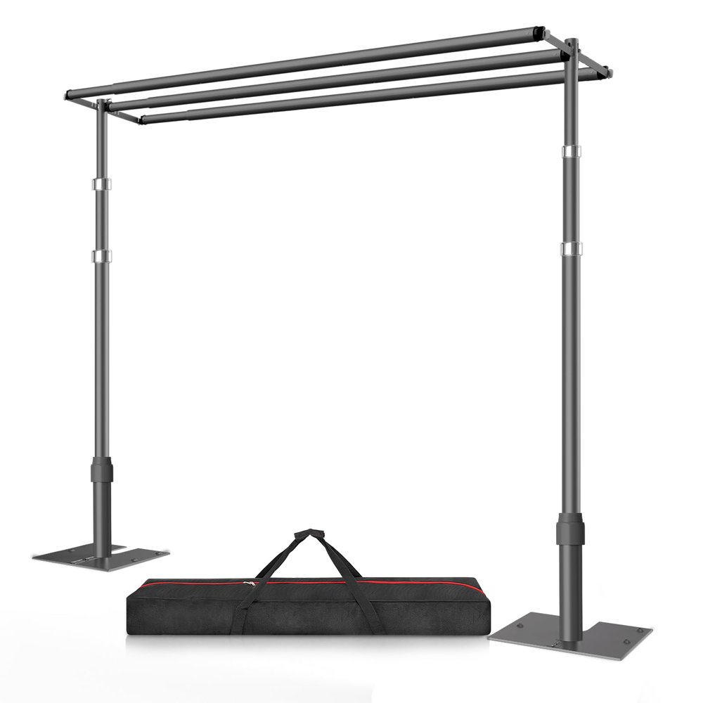 10x10 Three Crossbar Pipe and Drape Stand Kit, Heavy Duty Backdrop Stand Adjustable, Sturdy Metal Back Drop Decoration Frame with Flat Base for Parties, Wedding,Trade Shows, Photo Shoot - Black
