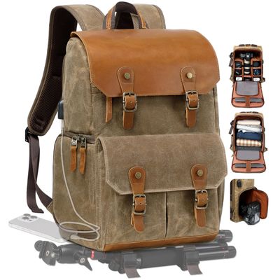 Padwa Lifestyle Khaki Camera Backpack - Waxed Memory Weather Resistant Canvas Camera Bag, Multi DSLR SLR Large Camera Backpacks for Photographers with 16 Laptop & Lens Compartment and Tripod Holder