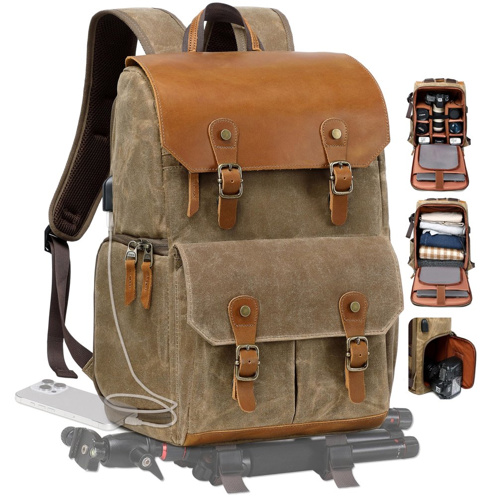 Padwa Lifestyle Khaki Camera Backpack - Waxed Memory Weather Resistant Canvas Camera Bag, Multi DSLR SLR Large Camera Backpacks for Photographers with 16 Laptop & Lens Compartment and Tripod Holder