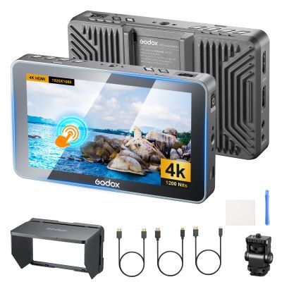 Godox GM6S Pro Kit2 5.5" Camera Monitor, 2000nit Ultra Bright IPS Touch Screen, 1920x1080 99.9% Rec.709, 4K HDMI in/Out 3D LUT, All-Metal Body with Sunshade Hood & 3 HDMI Cables