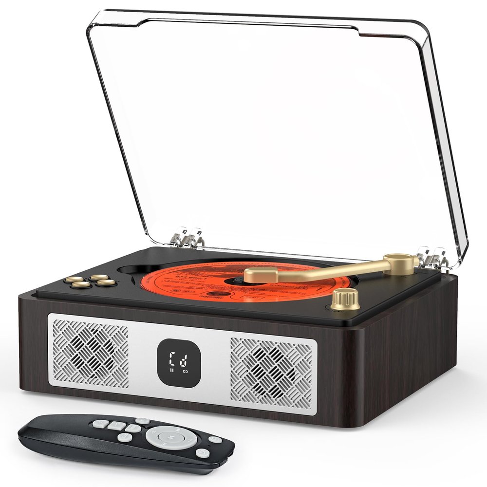 CD Player with Built-in Speakers Bluetooth Input&Output Portable CD Players for Home Music Nostalgic CDs Player with Remote Control Headphone Jack Walnut Brown with Display Screen