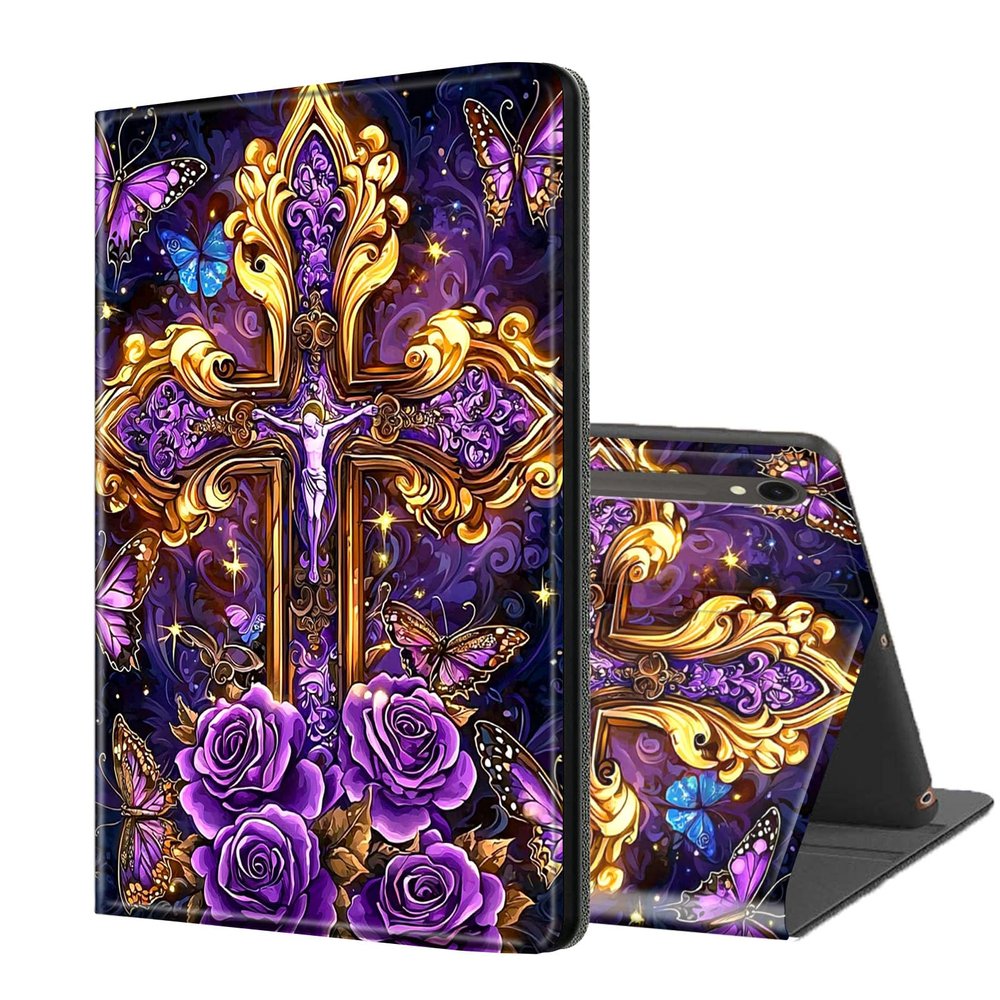 ETLKJVBL for Samsung Galaxy Tab S10 FE/ S9 FE Case, Auto Sleep/Wake, Cross with Purple Roses Multiple Angles Viewing Folio Stand Case for Samsung Galaxy Tab S9 11 Inch 2023