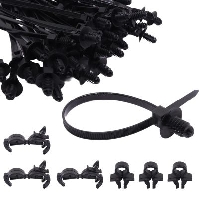 ZHMEINA 100PCS Push Mount Zip Ties, Heavy Duty Black Nylon Push Mount Cable Zip Tie, 2 in 1 Self-Locking UV Resistant Wire Ties for Indoor Wire Bundling, Construction, Automotive (6.7" x 0.2")
