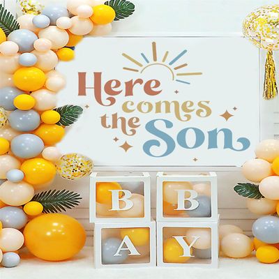 WALLMEII Here Comes The Son Baby Shower Party Decal Sign Peel and Stick Newborn Gender Reveal Party Decorations Party Photo Props Balloon Arch Pregnancy Wall Decoration