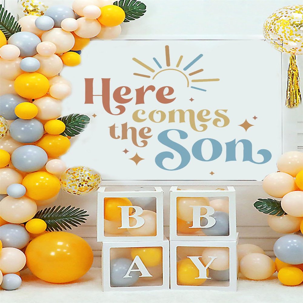 WALLMEII Here Comes The Son Baby Shower Party Decal Sign Peel and Stick Newborn Gender Reveal Party Decorations Party Photo Props Balloon Arch Pregnancy Wall Decoration