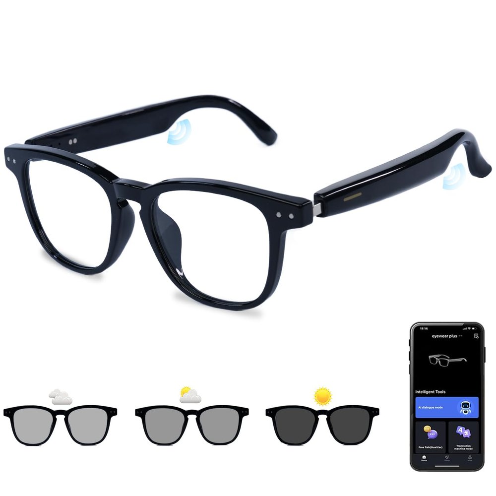 AI Smart Glasses, Anti Blue Light Bluetooth Translation Glasses with 164 Hands-Free Calls & Audio Multifunctional Smart Sunglasses for Men Women Travel Trade Business (KL01-Black-Color-Change-Lens)