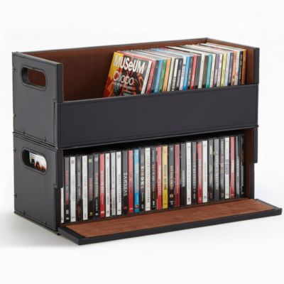 CroBlissful 2 Set Leather Cd Storage Box Organizer Shelf for Movie Cases Cassette Tape Display Stand with Carrying Handles Each Store up to 33 Pcs Cds for Dvds, Video Game Disks, Albums, Books