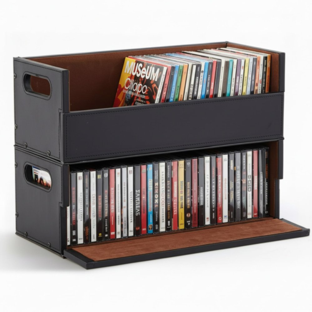 CroBlissful 2 Set Leather Cd Storage Box Organizer Shelf for Movie Cases Cassette Tape Display Stand with Carrying Handles Each Store up to 33 Pcs Cds for Dvds, Video Game Disks, Albums, Books