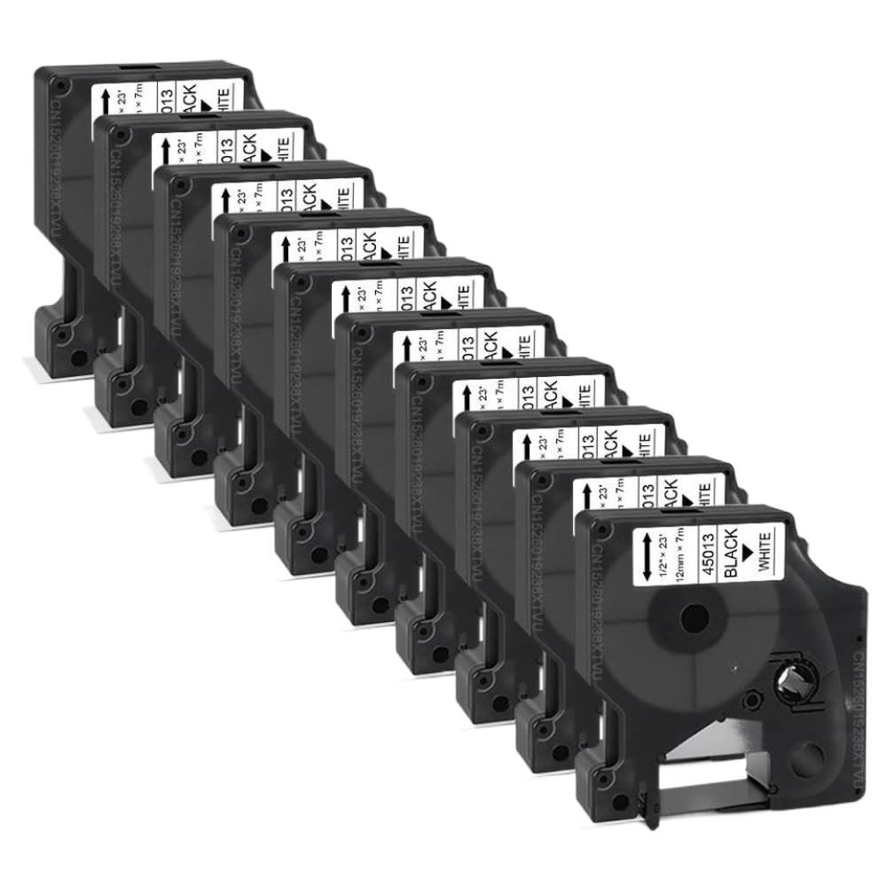 10PK 12mm D1 Label Tape Cassette Ribbon Compatible with 45013 45010 45016 45017 45018 45019 Replacement for LM160 Label Maker(Black on White)