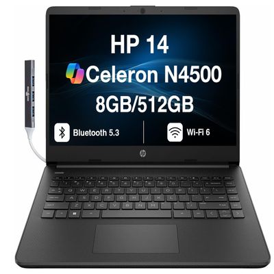 HP 14 Student & Business Laptop 14.0" HD Display (Intel Celeron N4500, 8GB DDR4, 512GB PCIe SSD, Intel UHD, WiFi 6, Webcam, BT 5.3, Jet Black, Win 11 Pro) w/DKZ USB Port Expander