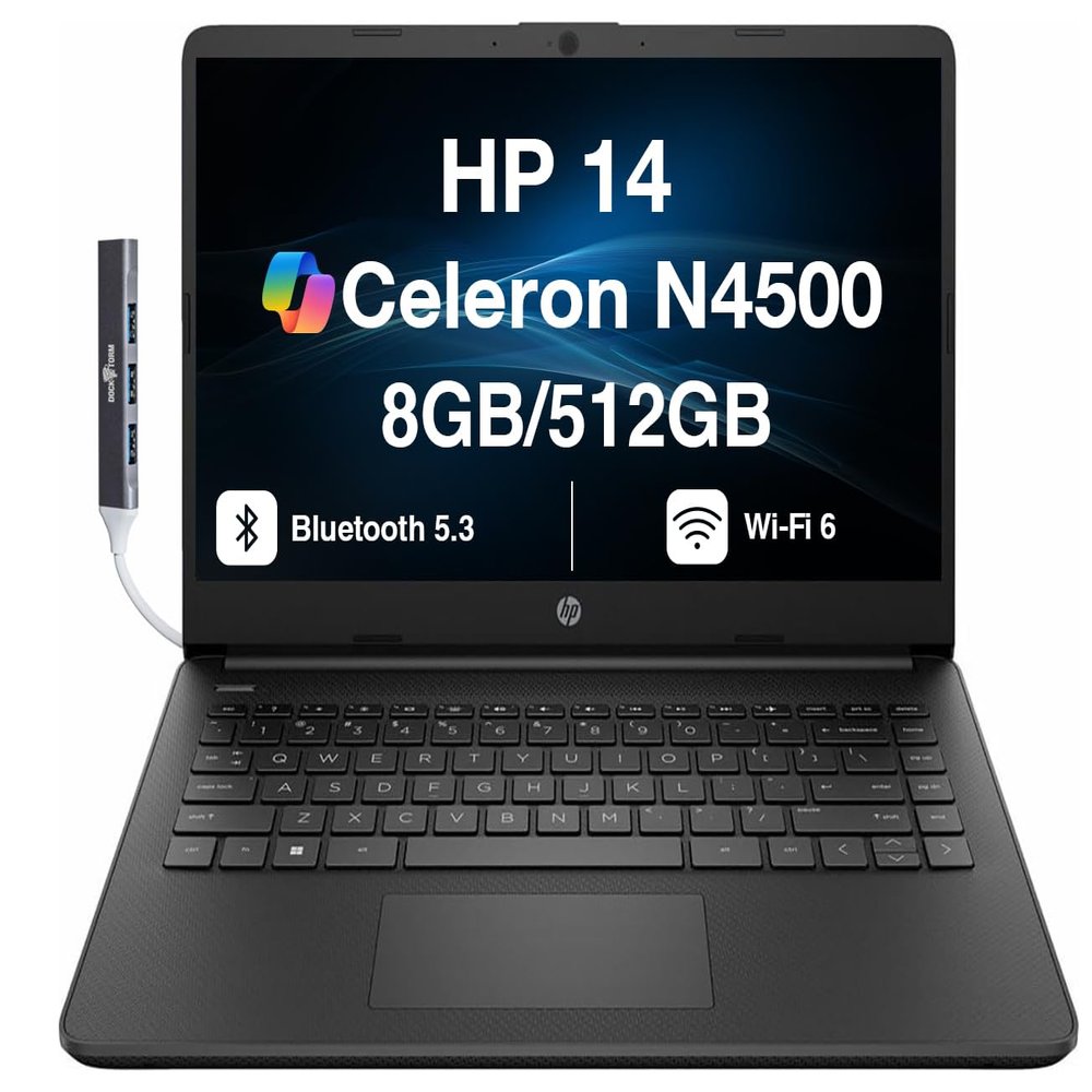 HP 14 Student & Business Laptop 14.0" HD Display (Intel Celeron N4500, 8GB DDR4, 512GB PCIe SSD, Intel UHD, WiFi 6, Webcam, BT 5.3, Jet Black, Win 11 Pro) w/DKZ USB Port Expander