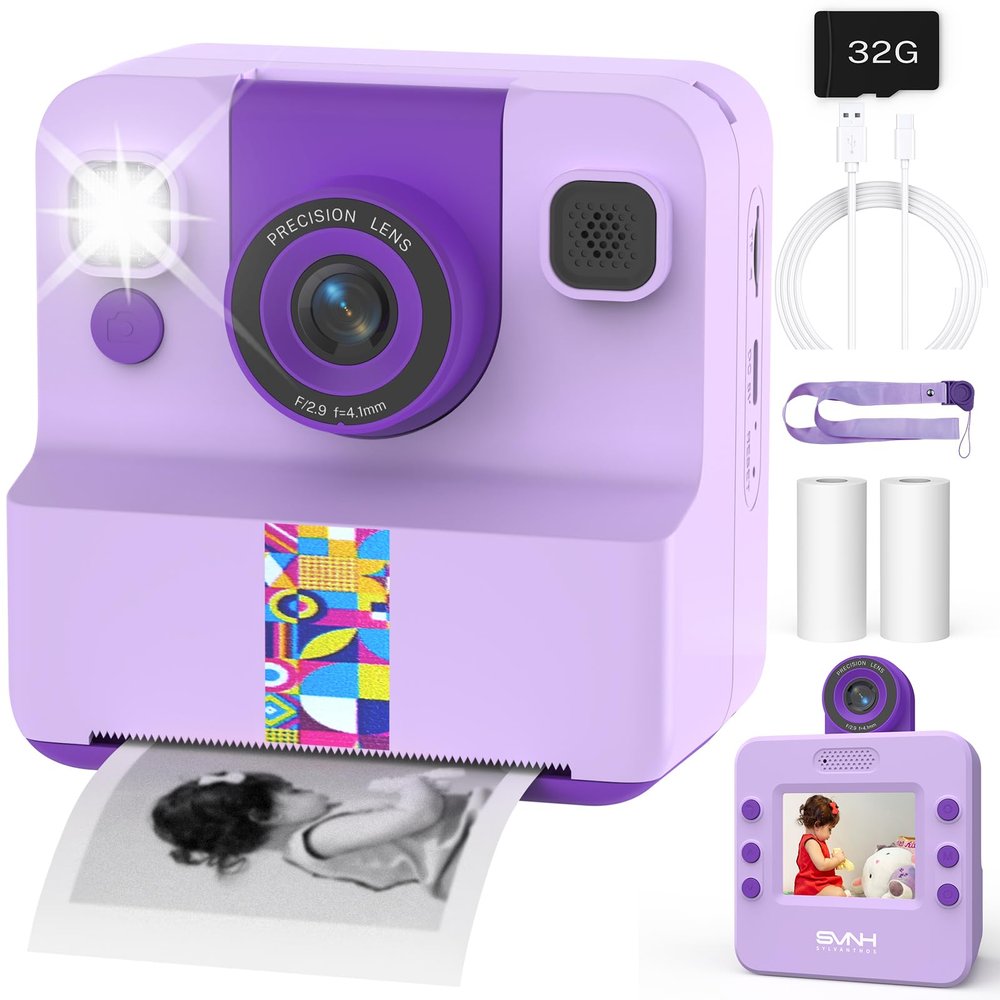Kids Camera Instant Print, Digital Camera for Kids, 180 Rotating Selfie Lens with 32GB SD Card & 2 Rolls Printing Paper Kids Toy Birthday Gifts for Boys Girls Ages 3-12, Purple