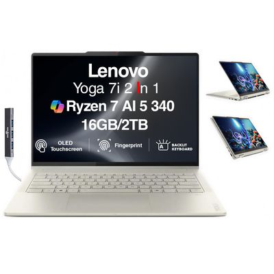 Lenovo Yoga 7 2-in-1 Copilot+ Laptop 14.0" OLED Touch, 100% DCI-P3, 600nits HDR (AMD Ryzen AI 5 340 (up to 50 Tops), 16GB DDR5, 2TB SSD, Backlit KB, FP, 5.0MP Webcam, Win11Home) w/DKZ Port Expander