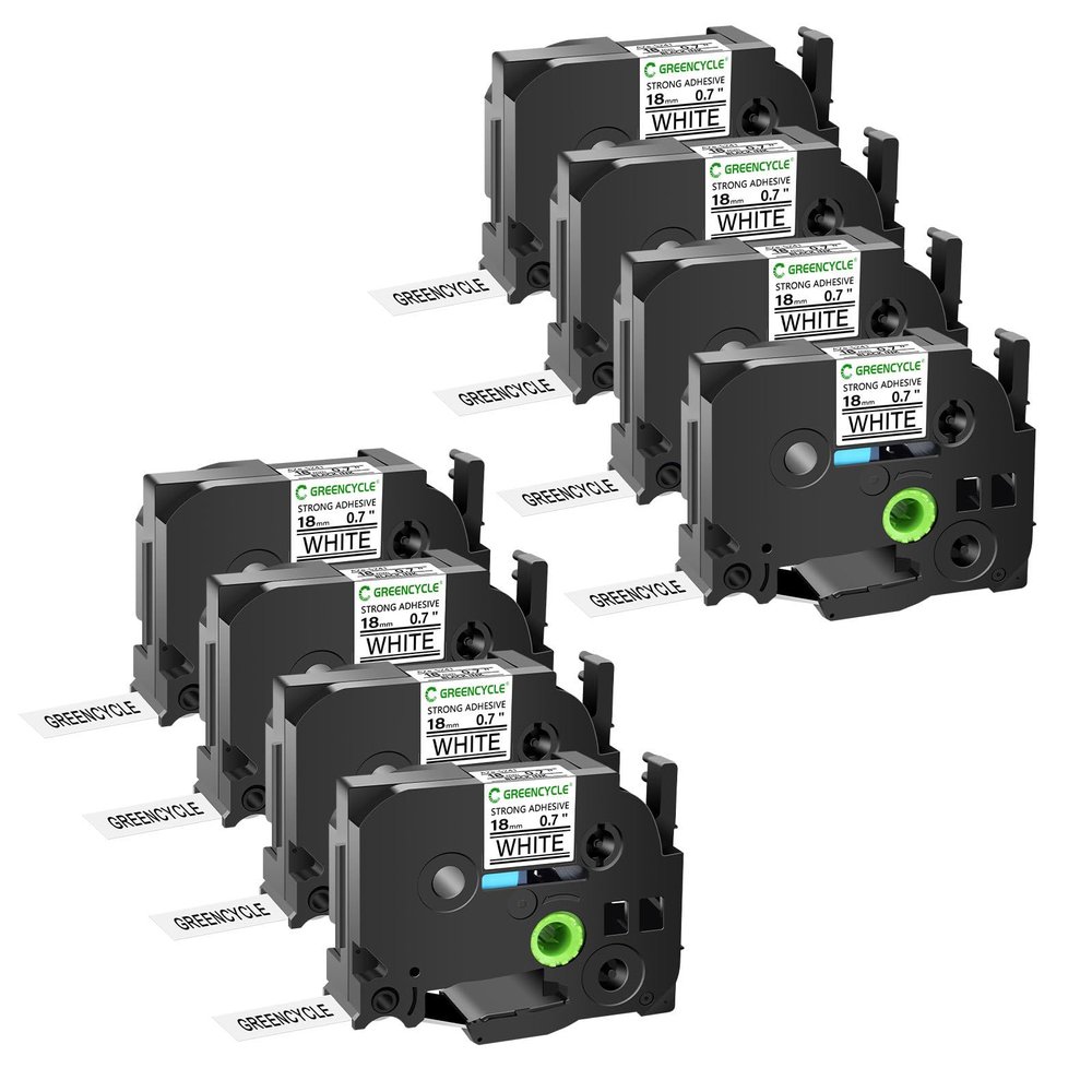 GREENCYCLE Extra Strength Label Tape TZe-S241 18mm 0.7" Laminated White Compatible for Brother P-Touch TZeS241 TZ-S241 TZe TZ 3/4 inch Black on White Label Tape for PTD400 PTD410 PTD600, 8 Pack