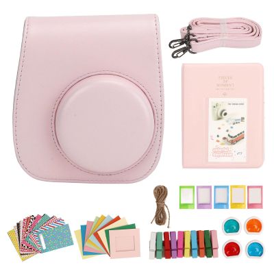 lvifloae Mini 12 Camera Case Kit with Adjustable Strap PU Leather Protective Bag with Photo Album Filters Hanging Frames Stickers for Travel Outdoor Use (Light Pinkish)