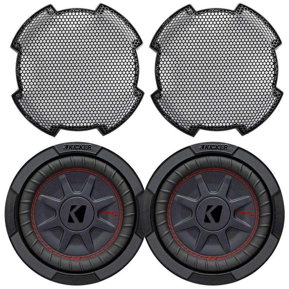 KICKER 48CWRT82 CompRT 8" 600 Watt Max Power DVC 2-Ohm Ultra-Thin Car Audio Subwoofer (Pair) Bundle Combo with 8" Round Steel Mesh Subwoofer Grille