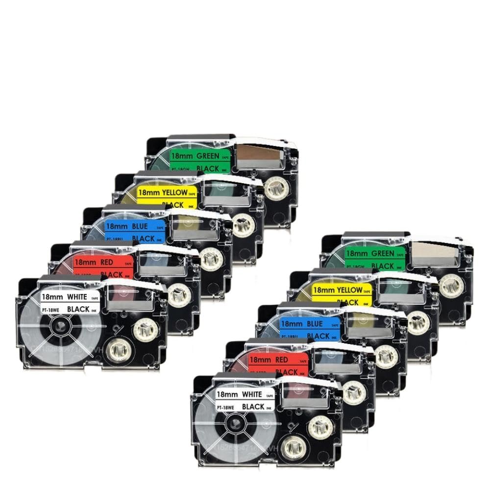 18mm Compatible Label Tape 5PK 10PK for XR-18WE Printer Ribbon Mixed Colors Works with CW-L300 KL-120 KL-430 KL-750 Label Maker(10PK Mixed Color)