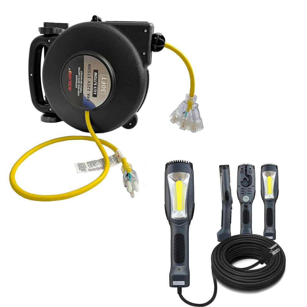 12 Gauge 30 FT SJTOW Retractable Extension Cord Reel with 1600 Lumen Corded LED Work Light