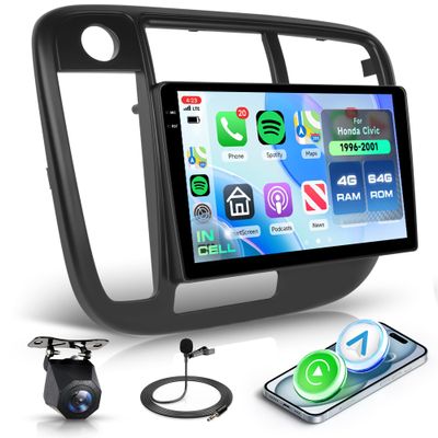 4+64G Android 15 Car Radio Stereo for Honda Civic 1996-2001 with Wireless Carplay Android Auto, 9'' in-Cell Screen Head Unit with GPS/Bluetooth 5.0/FM RDS/EQ/Wi-Fi Mirror Link Backup Camera SWC