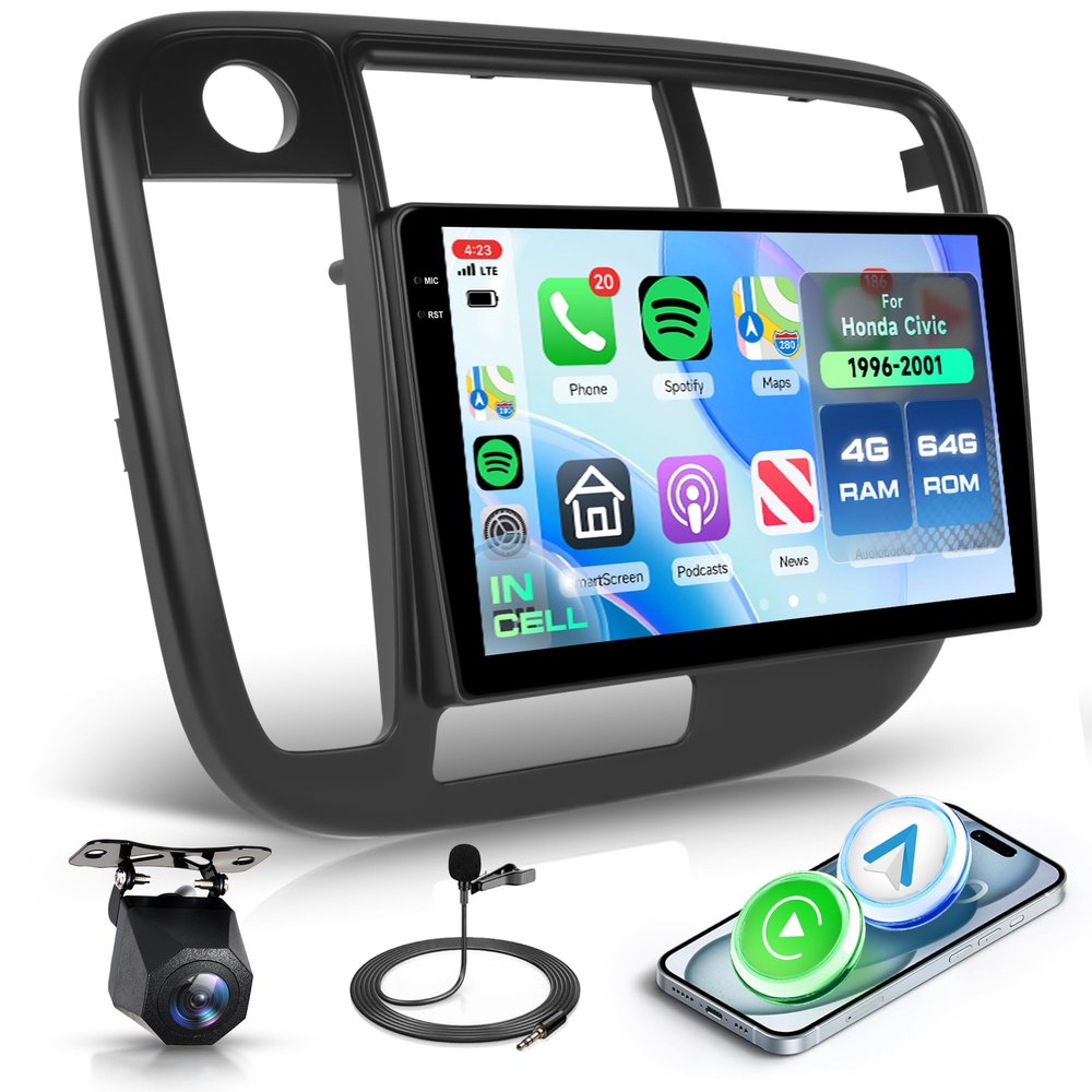 4+64G Android 15 Car Radio Stereo for Honda Civic 1996-2001 with Wireless Carplay Android Auto, 9'' in-Cell Screen Head Unit with GPS/Bluetooth 5.0/FM RDS/EQ/Wi-Fi Mirror Link Backup Camera SWC