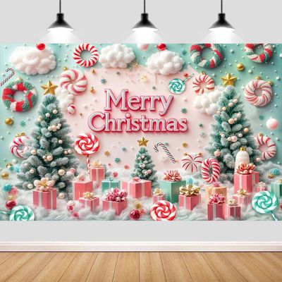 12X10ft Christmas Photography Backdrop Merry Christmas Sweet Candy Background Backdrop Winter Xmas Snow Tree Kids Newborn Baby Shower Birthday Party Decor Banner Photo Booth Props