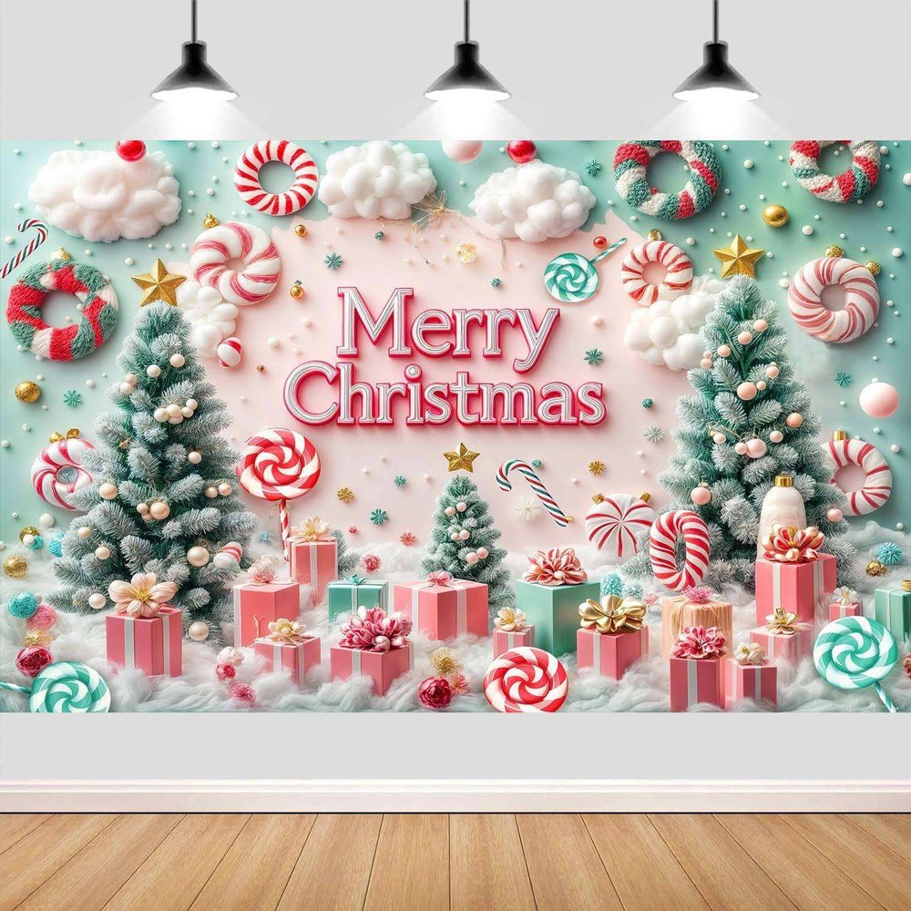 12X10ft Christmas Photography Backdrop Merry Christmas Sweet Candy Background Backdrop Winter Xmas Snow Tree Kids Newborn Baby Shower Birthday Party Decor Banner Photo Booth Props