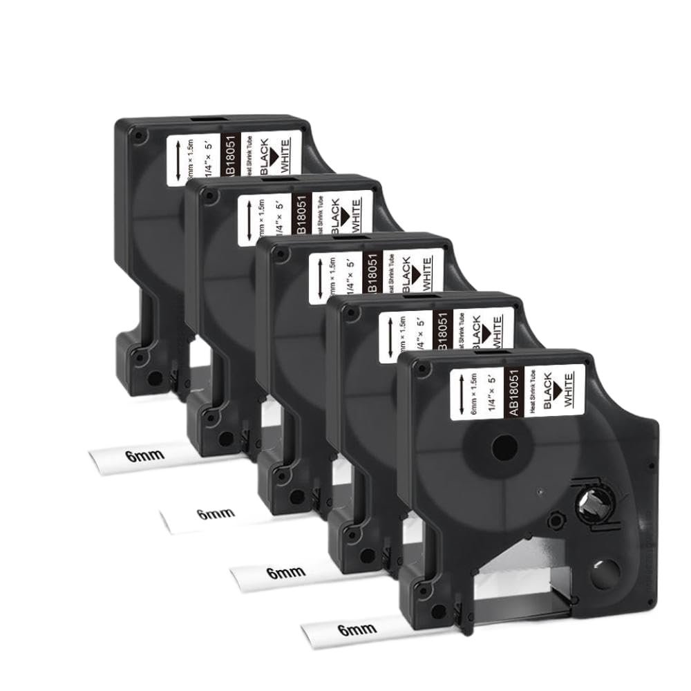 18051 Heat Shrink Tube Label Tape 6mm Black On White 5 Pieces Compatible with Labeller for 1000 3000 4200 5000 5200 6000 Series