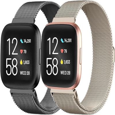 2Pcs Metal Band Compatible for Fitbit Versa 4/Sense 2/Versa 3/Sense Bands Women Men, Stainless Steel Soft Mesh Loop Strap Replacement Bracelet Strap for Fitbit Sense 2/3/Sense/Versa 4 (Gold&Black, Large)