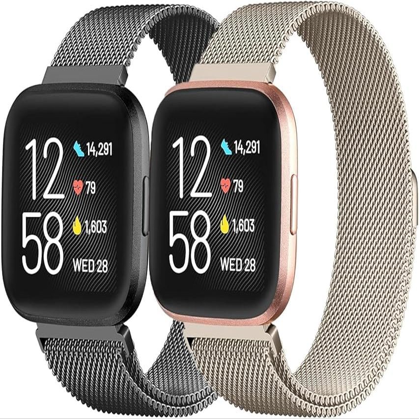 2Pcs Metal Band Compatible for Fitbit Versa 4/Sense 2/Versa 3/Sense Bands Women Men, Stainless Steel Soft Mesh Loop Strap Replacement Bracelet Strap for Fitbit Sense 2/3/Sense/Versa 4 (Gold&Black, Large)