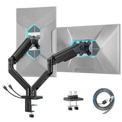 ARES WING Dual Monitor Mount, Heavy Duty Monitor Arms for 2 Monitors for 17-35 Inch, Fully Adjustable Monitor Desk Stand with USB A/C for Ultrawide Screen, VESA 75x75 or 100x100mm, Black