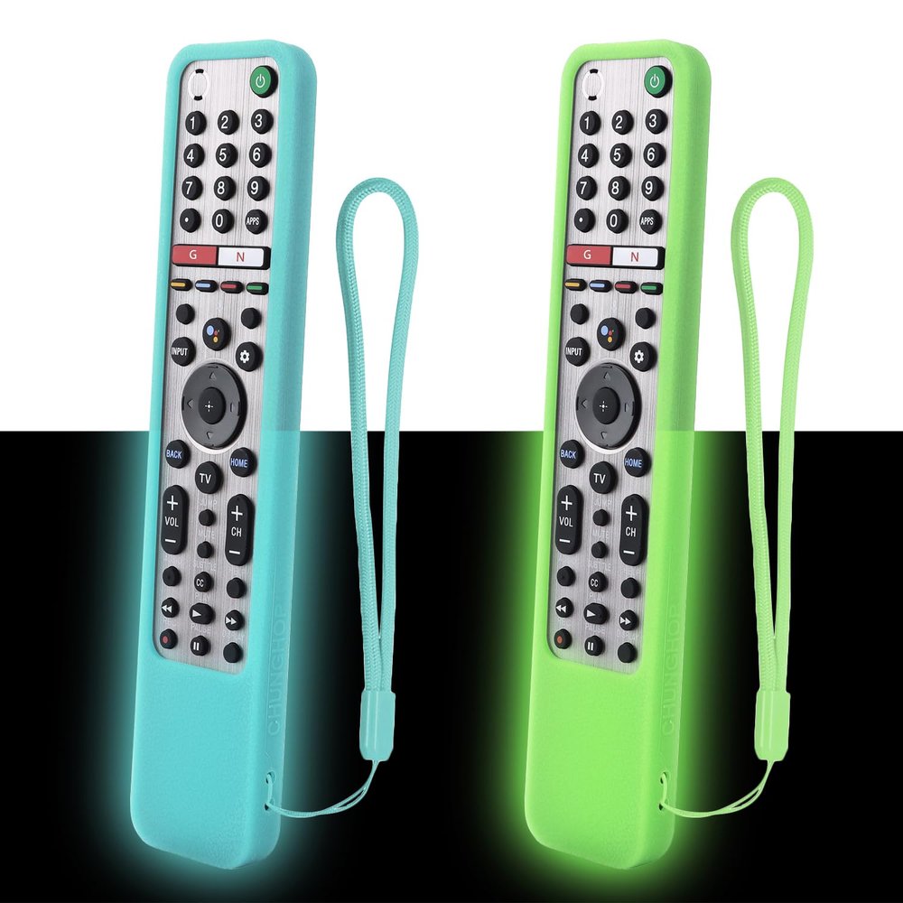 2 Pack Protective Silicone Remote Case for Sony RMF-TX600U RMF-TX500U RMF-TX500E RMF-TX600E Smart Voice Remote Controller Washable Anti-Lost Remote Cover with Loop (Glow Green and Glow Blue)