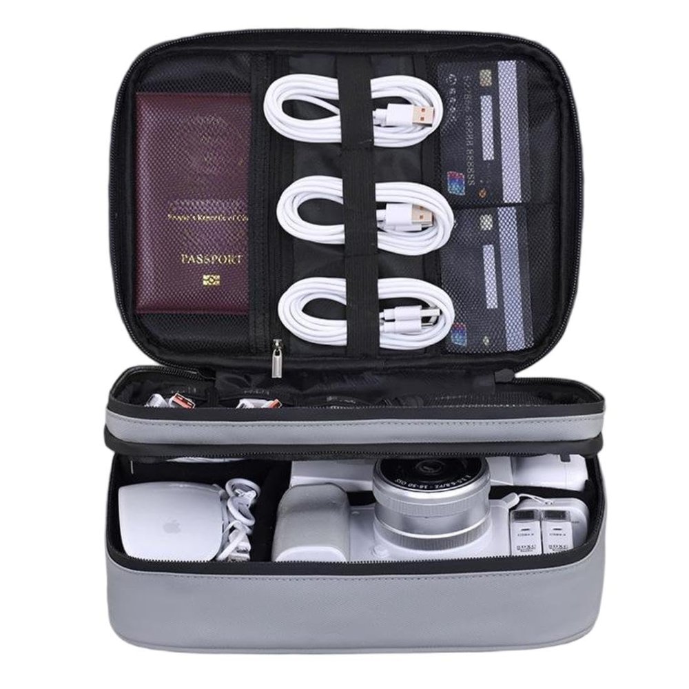 OUHANLE Electronic Bag Travel Three-Layer Large Capacity Cable Accessories Bag Waterproof Shockproof Carrying Case, Grey