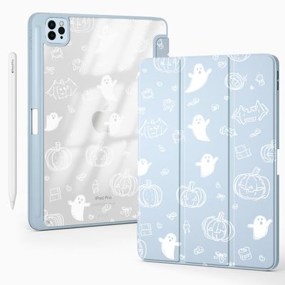 BlHMCASE Cute Halloween Ghost Pumpkin for iPad (A16) 11th Generation Case 11 Inch 2025, for iPad 10th Gen Case 10.9 Inch 2022 with Pencil Holder, Auto Sleep/Wake, Blue Leather Clear Acrylic Back Cover