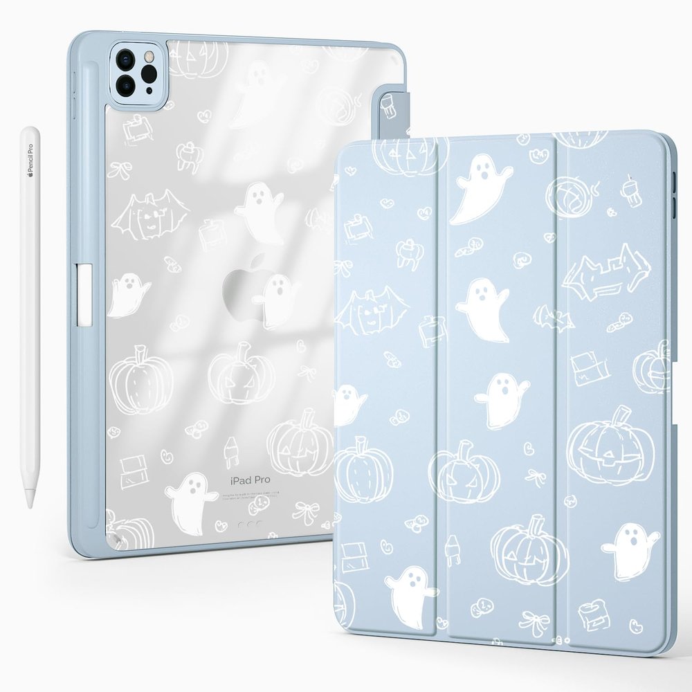 BlHMCASE Cute Halloween Ghost Pumpkin for iPad (A16) 11th Generation Case 11 Inch 2025, for iPad 10th Gen Case 10.9 Inch 2022 with Pencil Holder, Auto Sleep/Wake, Blue Leather Clear Acrylic Back Cover
