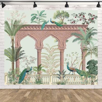 BELECO 5x3ft Fabric Traditional Mughal Garden Backdrop Indian Palace Arch with Peacock Trees Flowers Background India Theme Wedding Baby Shower Party Decorations Banner Photoshoot Props