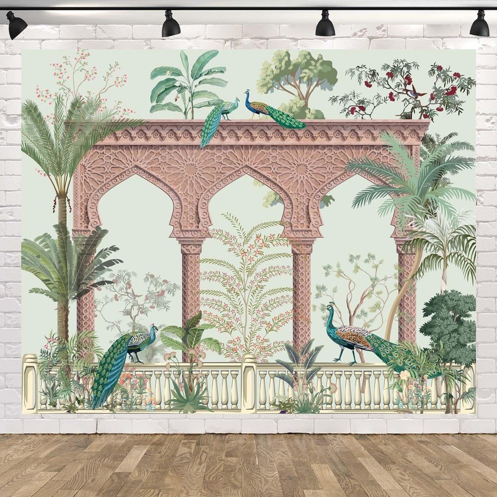BELECO 5x3ft Fabric Traditional Mughal Garden Backdrop Indian Palace Arch with Peacock Trees Flowers Background India Theme Wedding Baby Shower Party Decorations Banner Photoshoot Props