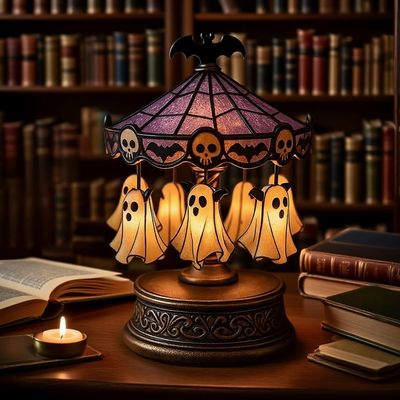 Halloween Ghost Carousel Lights, USB Halloween Light Up Ghost Night Light Indoor, Gothic Stained Glass Shade with Floating Ghosts, Spooky Lamp Decor for Bedroom Home Kitchen Mantel Tabletop1pc