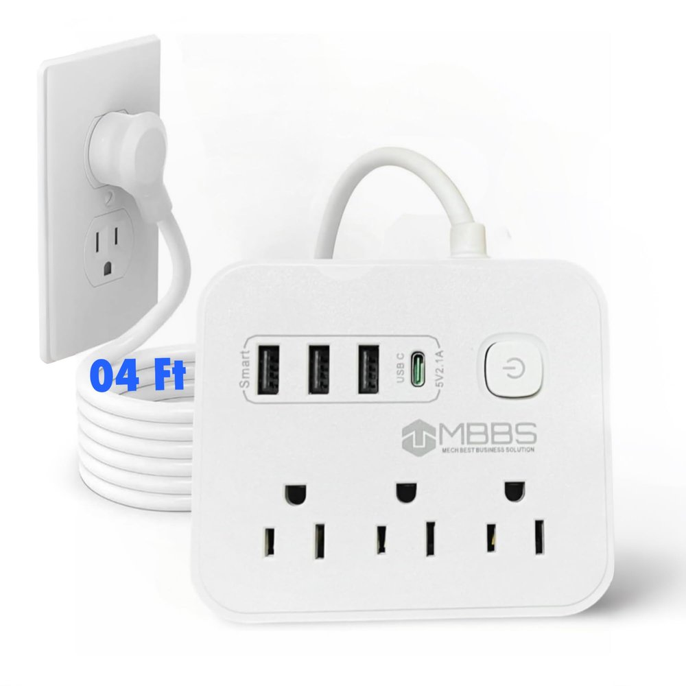 4 ft Surge Protector Power Strip with USB C, 1200J Protection, Heavy Duty Extension Cord  (7-in-1) 3 AC Outlets, 4 USB Ports, LED On/Off Switch  Compact & Travel Friendly  Home, Office (White)