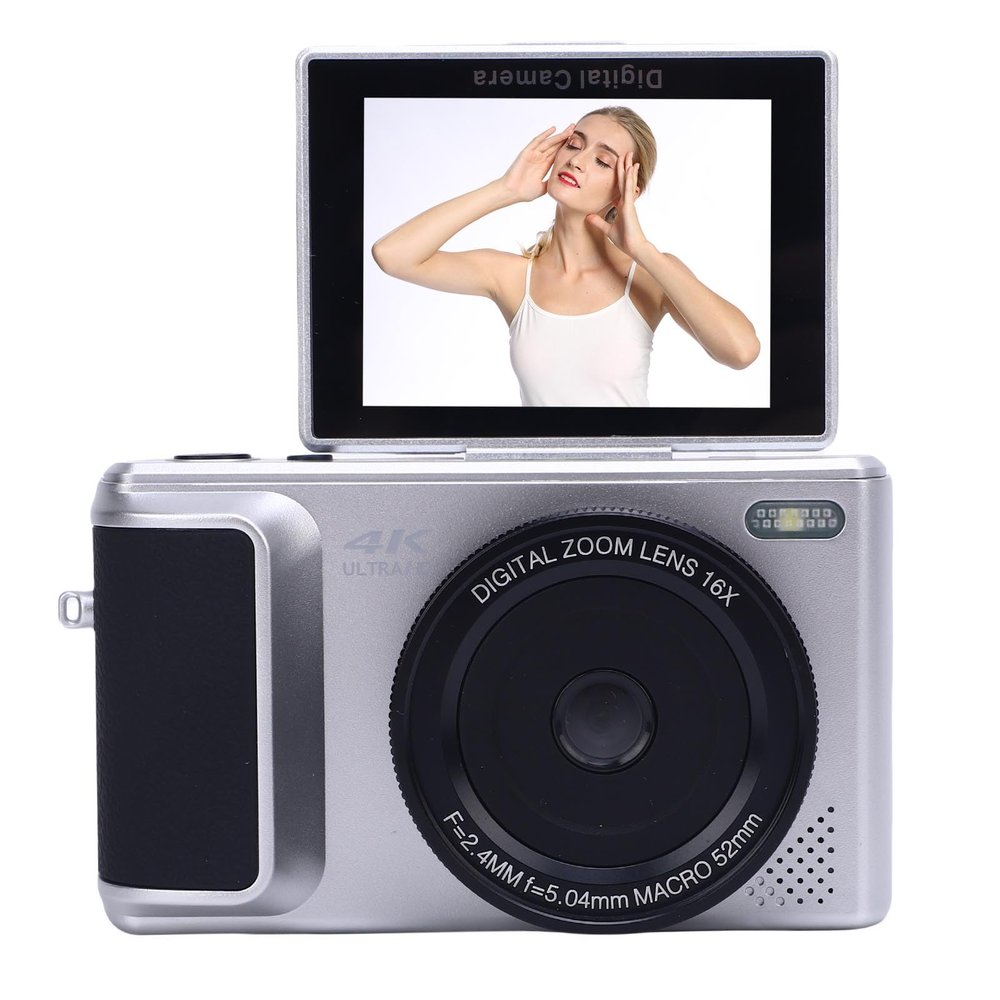 Vikye Digital Camera, 4K HD Camera, 64MP Autofocus Digital Point and Shoot with 180 Flip Screen, Compact for Travel Recording (Silver)