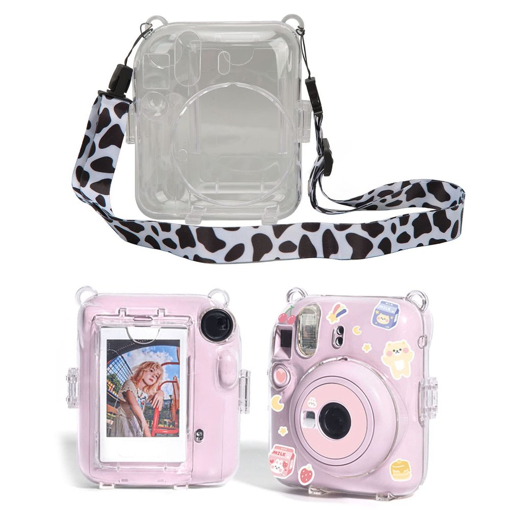 YUEHISY Protective Clear Case for Mini 12, Instant Camera Case Kit with Colorful Adjustable Shoulder, Stickers, for Storing Photos (Milk Cow)
