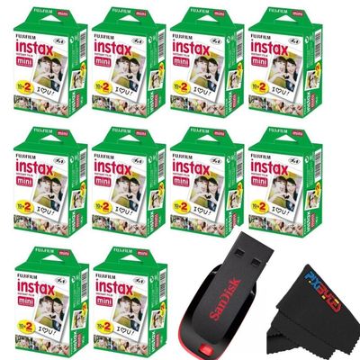 Fujifilm Instax Mini Instant Camera Film for Mini Instant Cameras - with USB Flash Drive and Pixbytes Microfiber Cleaning Cloth - Capture Memories Anytime, Anywhere... (32 GB USB + 10 x Twin Packs)